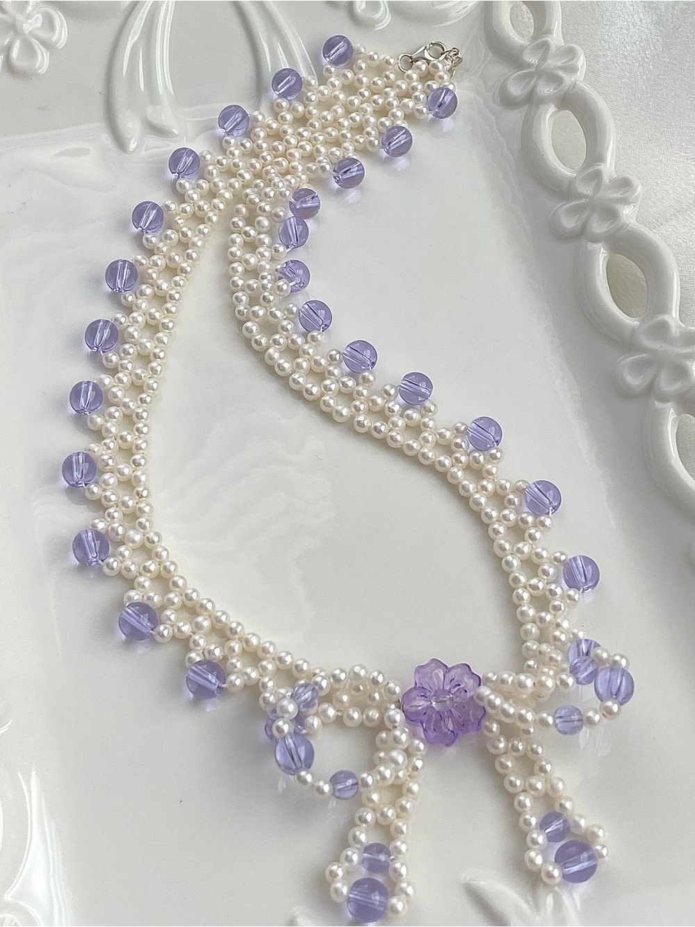 GP88-Handmade Braided High Quality Round Baby Pearl And Amethyst Bow Necklace